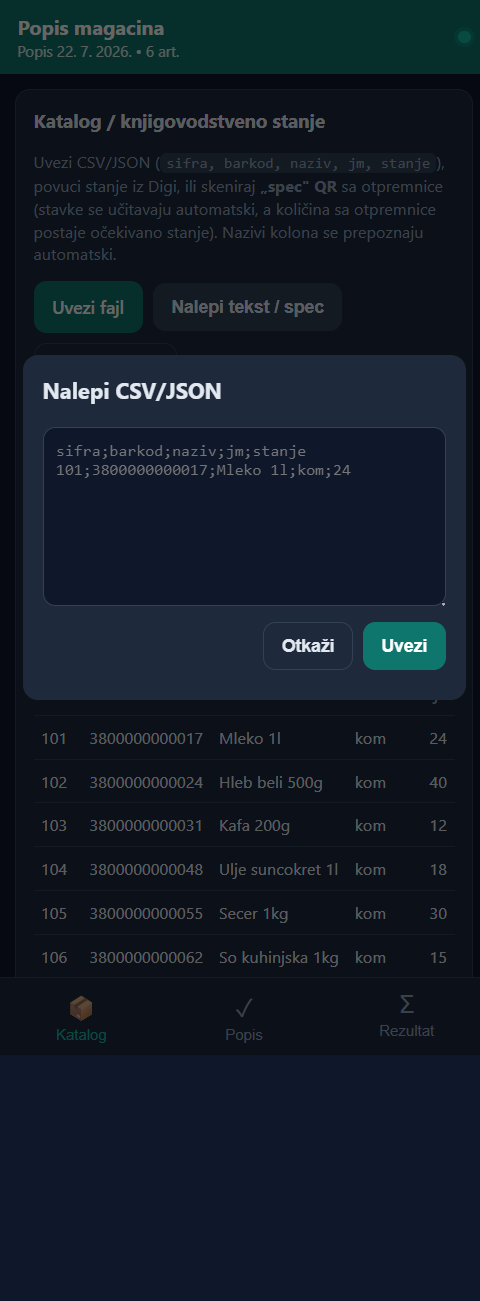 Дијалог Налепи CSV/JSON са примером редова